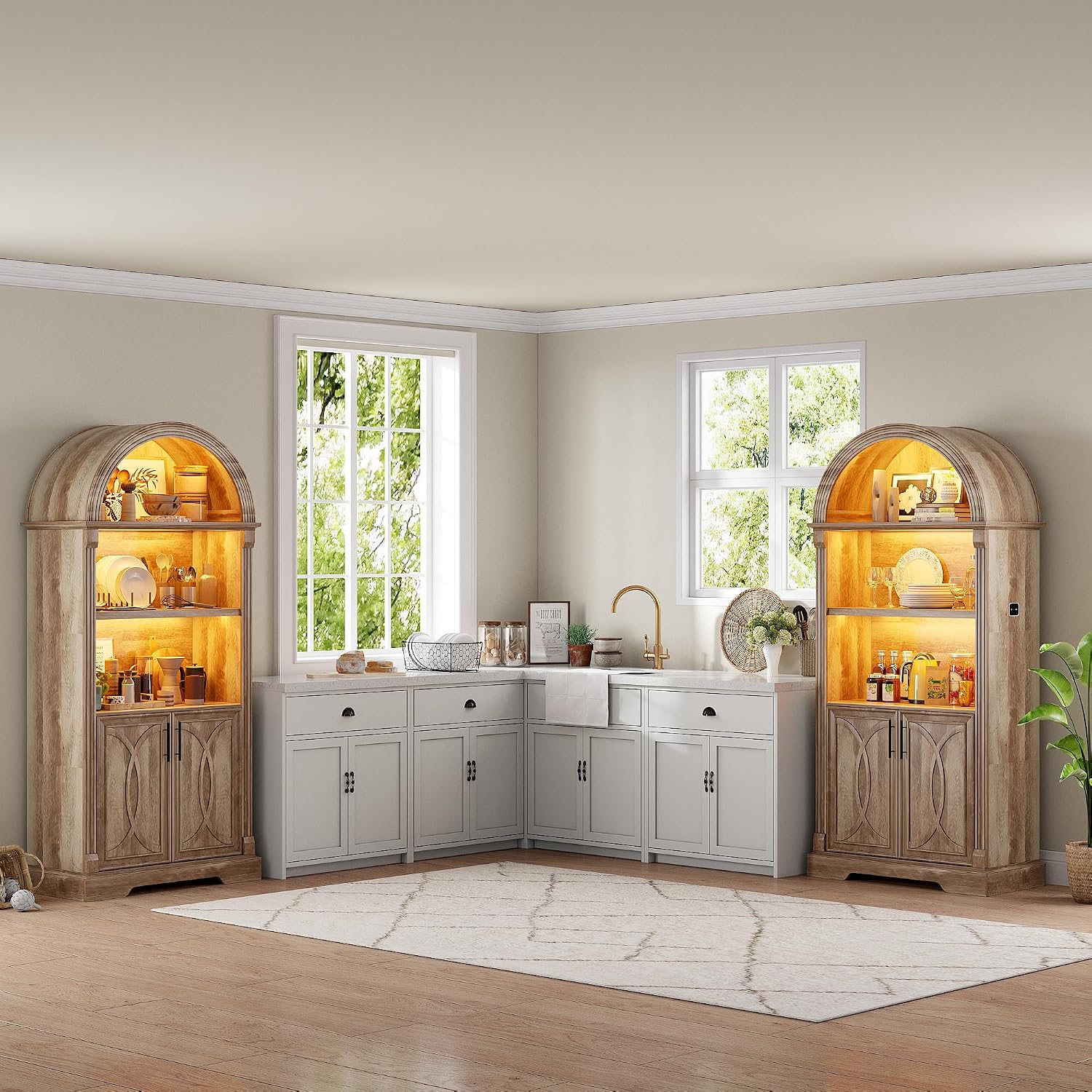 Vlsrka Arched Cabinet, Kitchen Pantry Cabinets with Open & Adjustable Shelves, Induction 3 Color Lights (Brown 2 PCS)