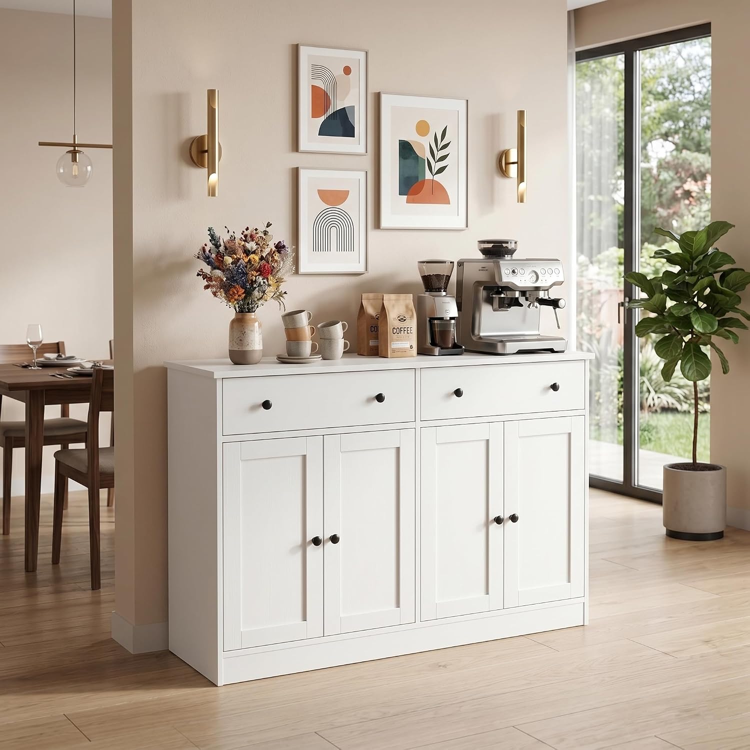 holzart 49' White Buffet Cabinet with Doors & Drawers, Modern Kitchen Storage Sideboard, Coffee Bar Console Table for Dining Room, Living Room, Entryway