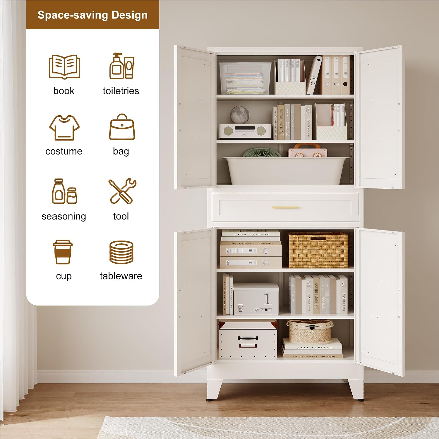 QINPTWUT 71' Farmhouse Pantry Cabinet in White, with 4 Doors & Center Drawer, Tall Food Cabinet with Adjustable Shelves, Freestanding Steel Cupboard for Kitchen, Dining Room, Pantry, Garage