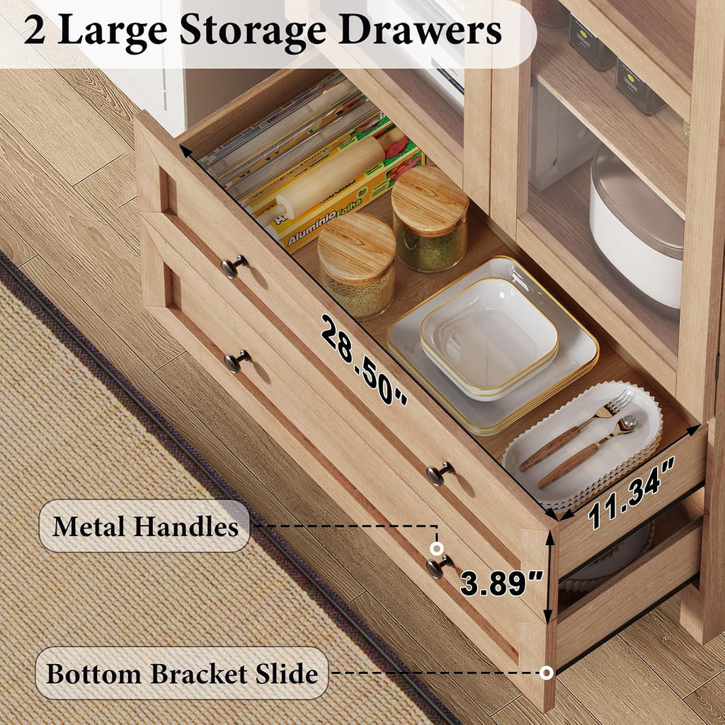 EasyCom 71 Tall Arched Cabinet, Farmhouse Wood Pantry Cabinet with 2 Large Drawers, 4-Tier Kitchen Storage Cabinet with Adjustable Shelf & Magnetic Clasp Doors for Living Room, Dining Room, Natrual
