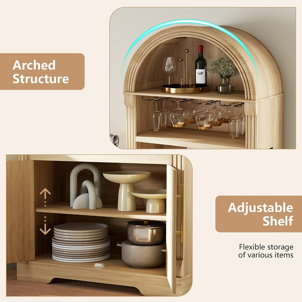 Vlsrka Arched Cabinet, Kitchen Pantry Cabinets with Open & Adjustable Shelves, Induction 3 Color Lights (Brown A)