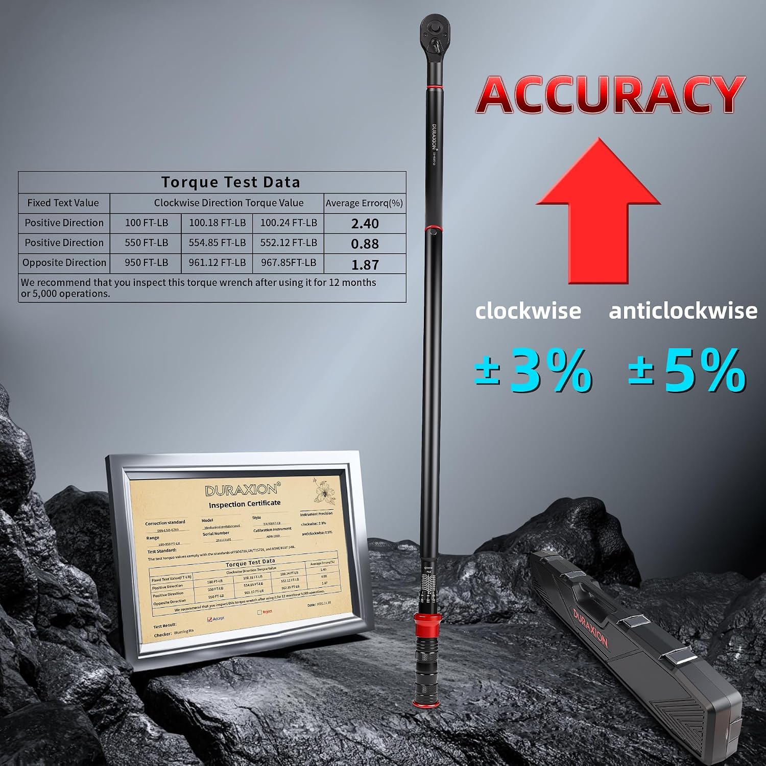 3/4-Inch Drive Torque Wrench 100-950ft.lb/135.58-1288.03Nm, ±3% Precision Dual Direction Torque Wrenches with 48-Tooth Dual Range Scales with Ft.Lbs and N.m