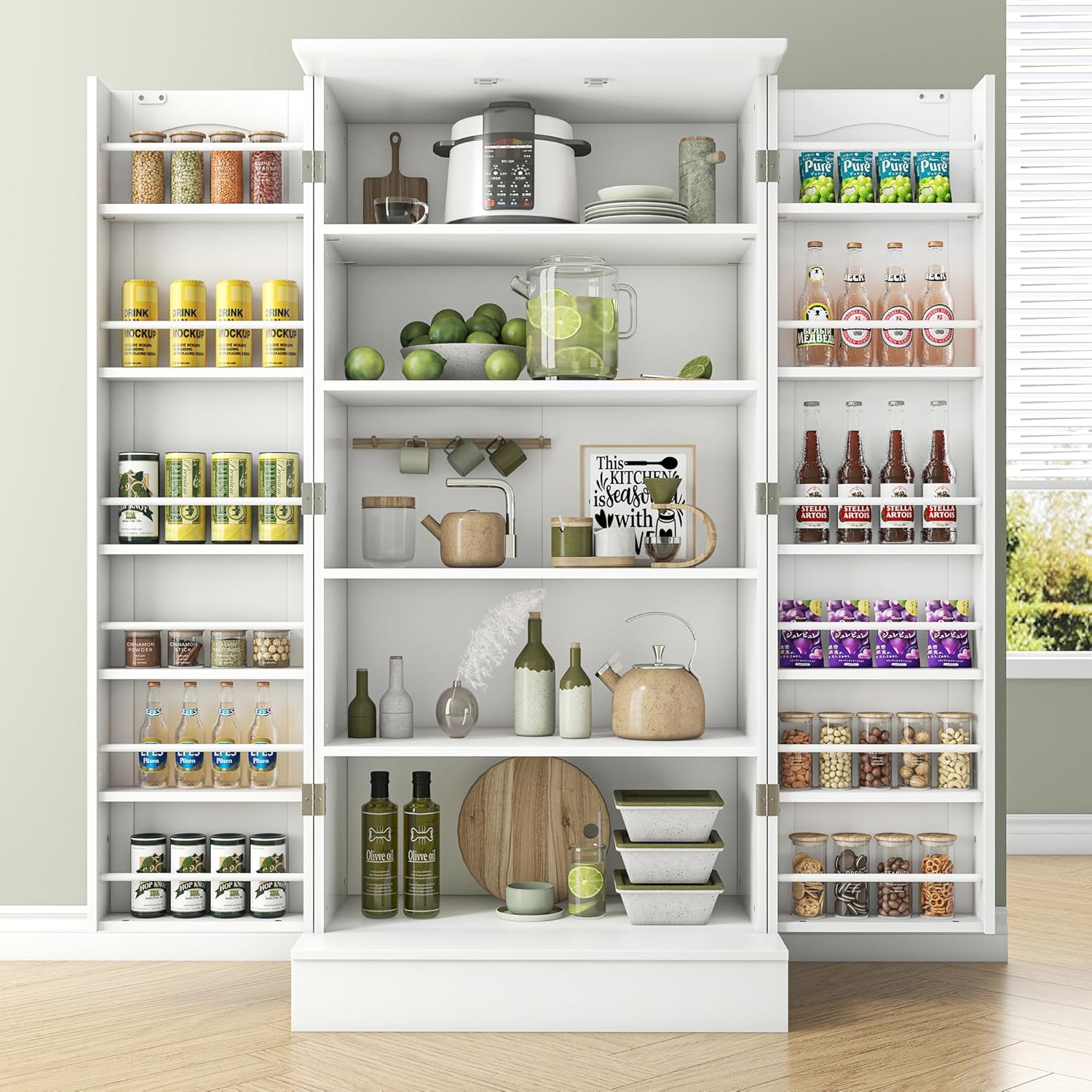 kepptory 47' Pantry Cabinet, Kitchen Pantry Storage Cabinet with Doors and Adjustable Shelves,Freestanding Buffet Cupboards Sideboard for Living Room and Dinning Room (White)
