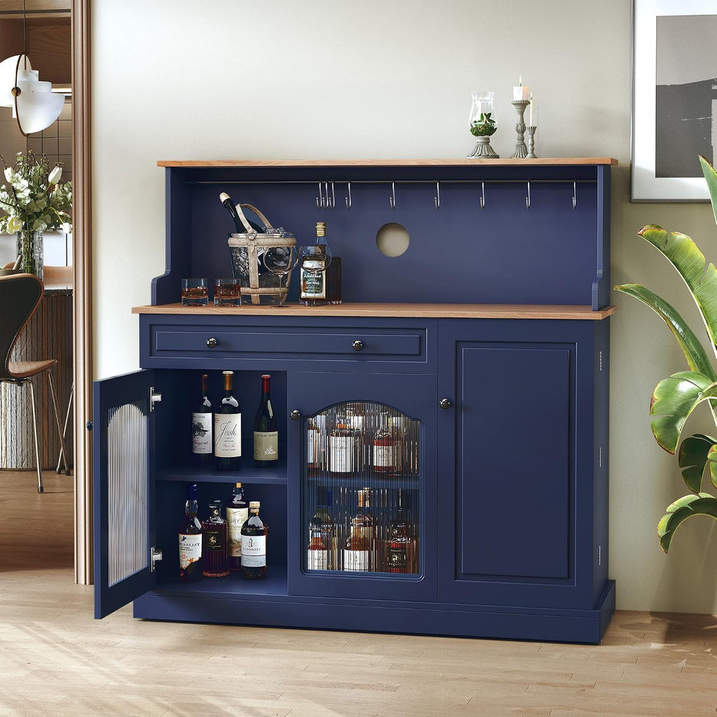 ARTPOWER Farmhosue Coffee Bar Cabinet with Hutch - 48' Modern Buffet Cabinet with Drawer Storage and Glass Doors,Wine Bar Table with Adjustable Shelves for Living Dining Room,Blue