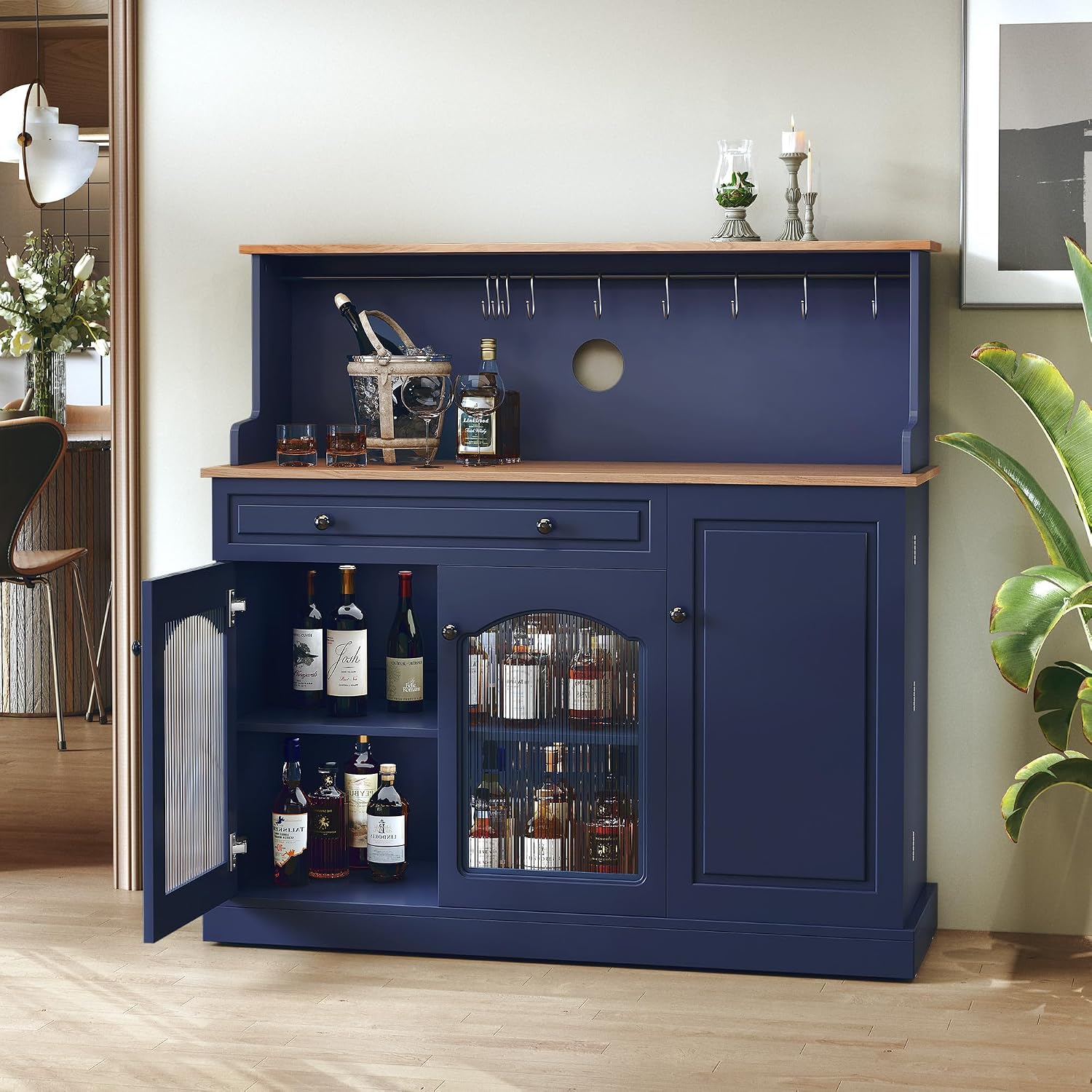 ARTPOWER Farmhosue Coffee Bar Cabinet with Hutch - 48' Modern Buffet Cabinet with Drawer Storage and Glass Doors,Wine Bar Table with Adjustable Shelves for Living Dining Room,Blue