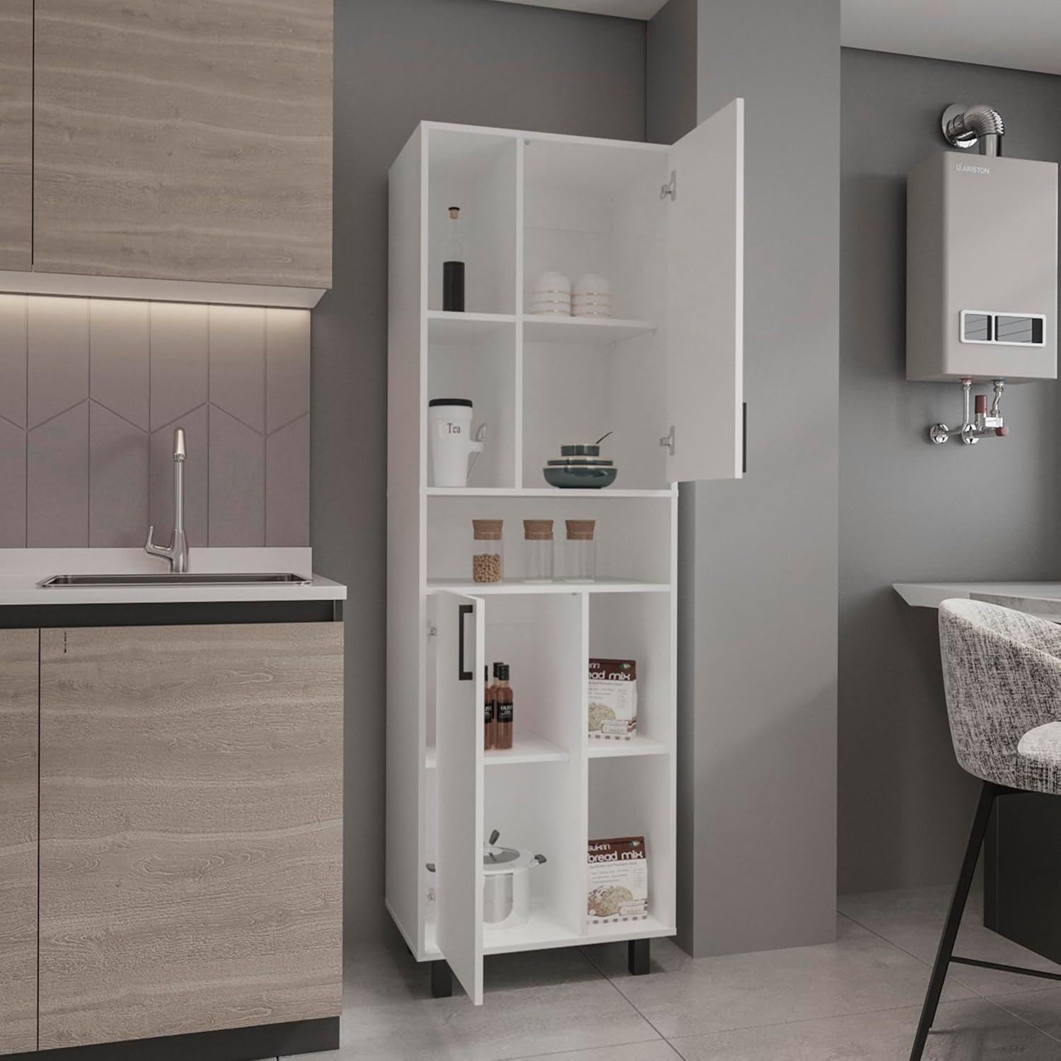 75' Engineered Wood Freestanding Storage Cabinet, Kitchen Storage Bakers Rack with Minimalist Style, Utility Food Cupboard with Enclosed Shelves for Kitchen, Apartment, White