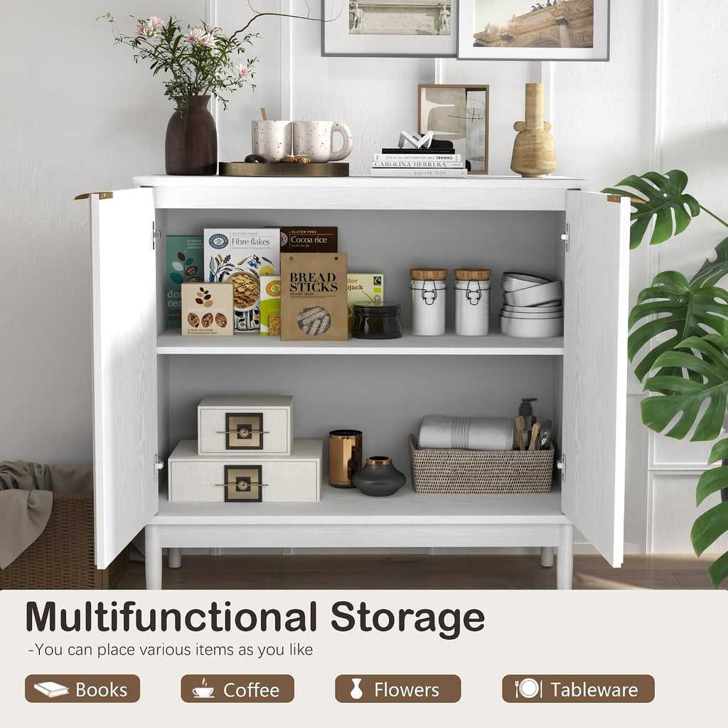 Otterease Fluted Cabinet with Storage, Buffet Cabinet Sideboard with Door, Kitchen Buffet Storage Accent Cabinets with Adjustable Shelves for Living Room, Entry, Hallway, White