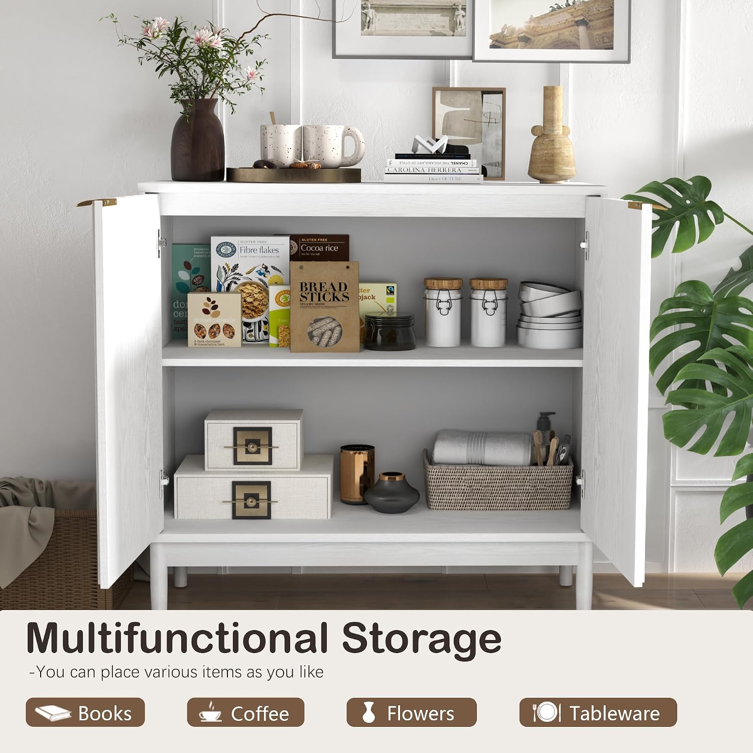 Otterease Fluted Cabinet with Storage, Buffet Cabinet Sideboard with Door, Kitchen Buffet Storage Accent Cabinets with Adjustable Shelves for Living Room, Entry, Hallway, White