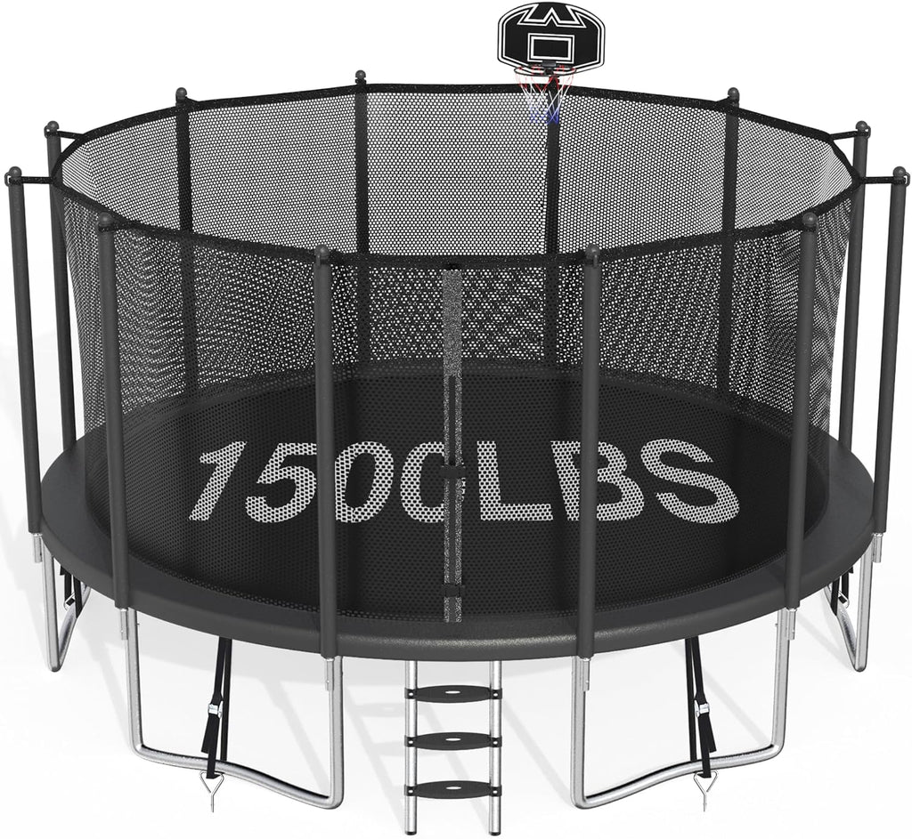 1500LBS Capacity No-Gap Design 8 10 12 14 15 16 FT Recreational Jumper with Enclosure Net, Wind Stakes & Basketball Hoop, ASTM Approved, Perfect for Kids & Adults Family Outdoor Backyard Fun