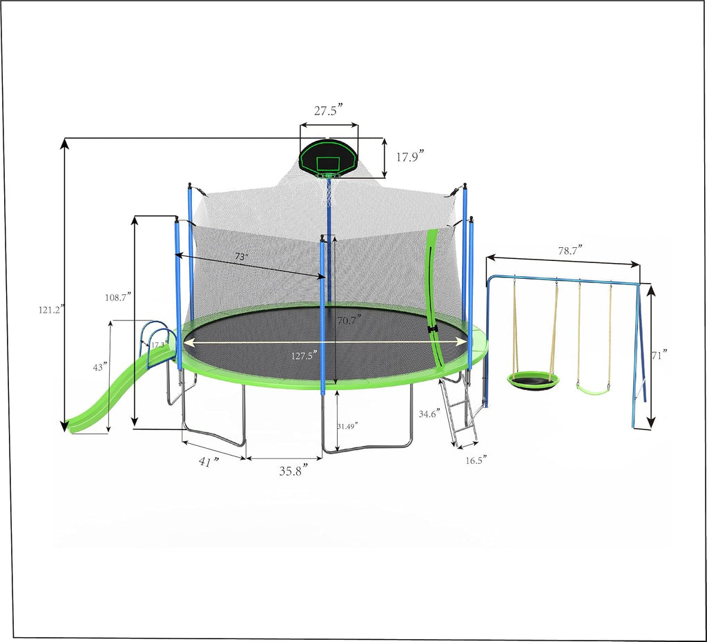 12FT Outdoor Trampoline with Slide and Swings,Recreational Trampoline with Basketball Hoop,Safety Enclosure Net and Ladder for Kids, Teens, ASTM Approved,Green