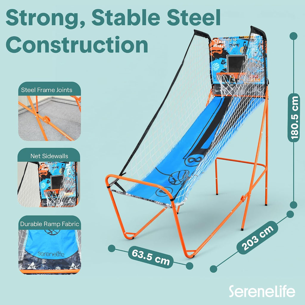 SereneLife Dual Shot Basketball Arcade Game with Electronic Scorer, 8 Game Modes, Indoor Outdoor 2 Player Basketball Shooting Game, Foldable Arcade Set with 5 Balls and Pump