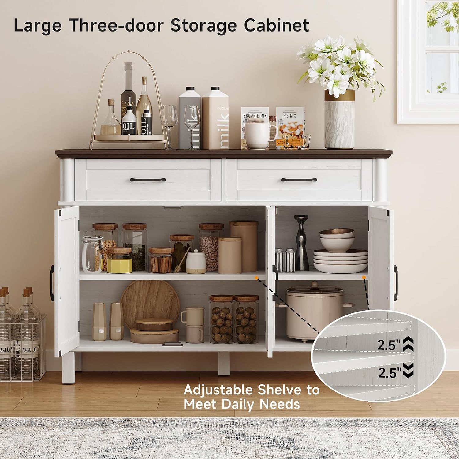 48 Inches Buffet Cabinet with Storage, Farmhouse Sideboard Buffet w/2 Drawers and 3 Doors, Wood Coffee Bar Cabinet with Adjustable Shelves, Sideboard Storage for Kitchen, Living Room, Off White