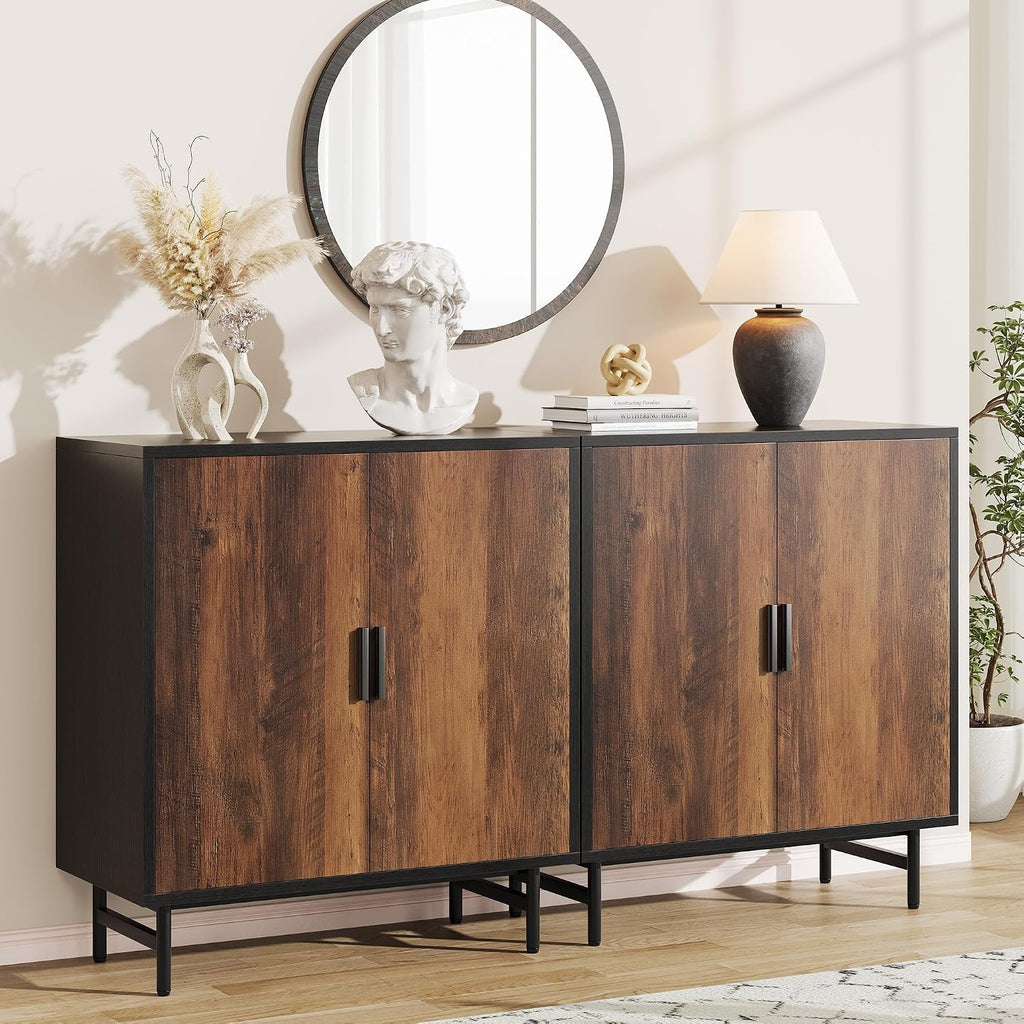 63' Sideboard Buffet Cabinet with Storage, Kitchen Storage Cabinet with Adjustable Shelf, 4-Door Console Table Accent Cabinet for Living Dining Room Entryway Hallway Credenza Coffee Liquor Bar, Rustic