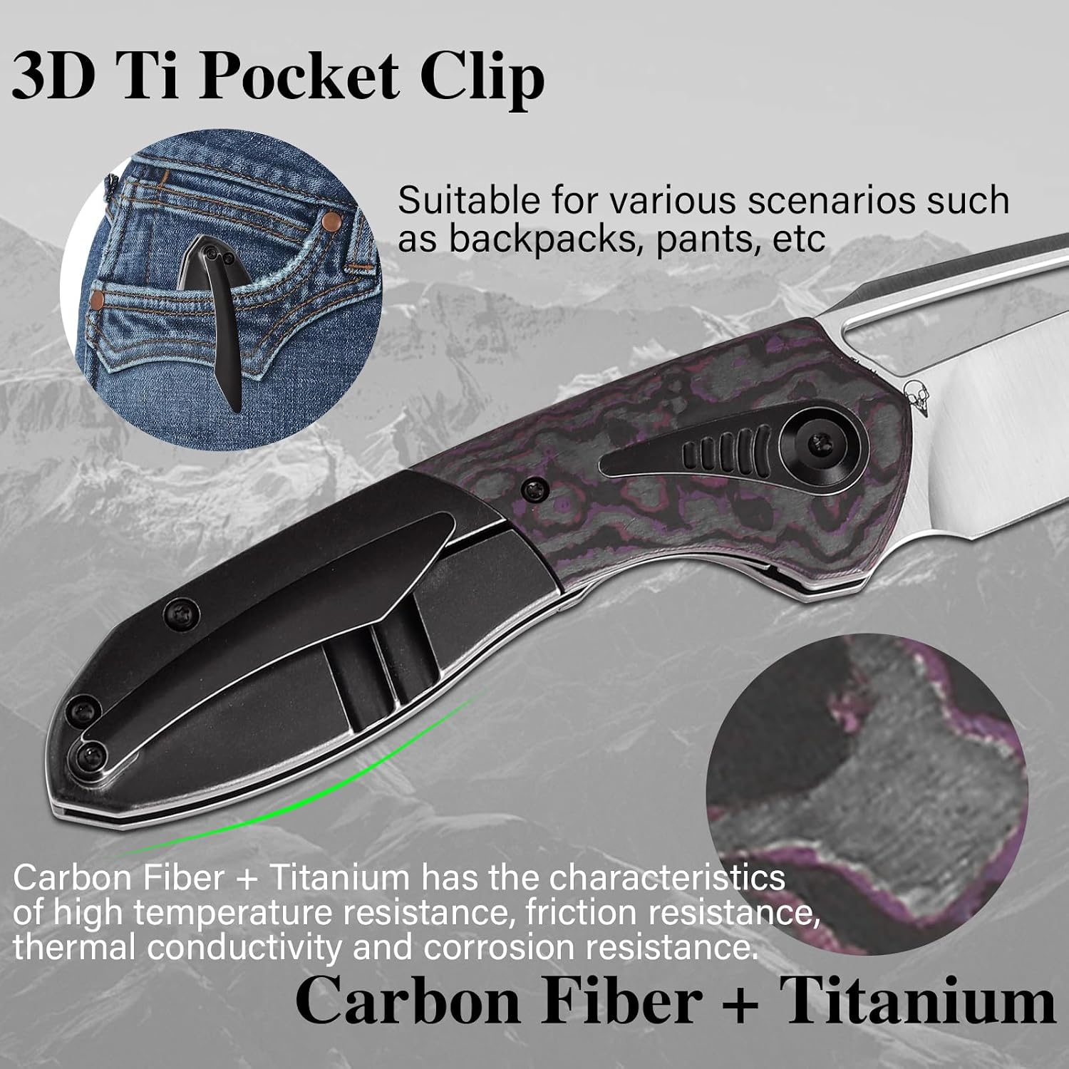 KANSEPT Thoth Camping Pocket Knives for Men 8.05in Folding Knives with 3.43in Satin CPM 20CV Material and Blackwash Titanium Purple Haze Carbon Fiber Handle for Outdoor,Tactical,Survival K1075T1