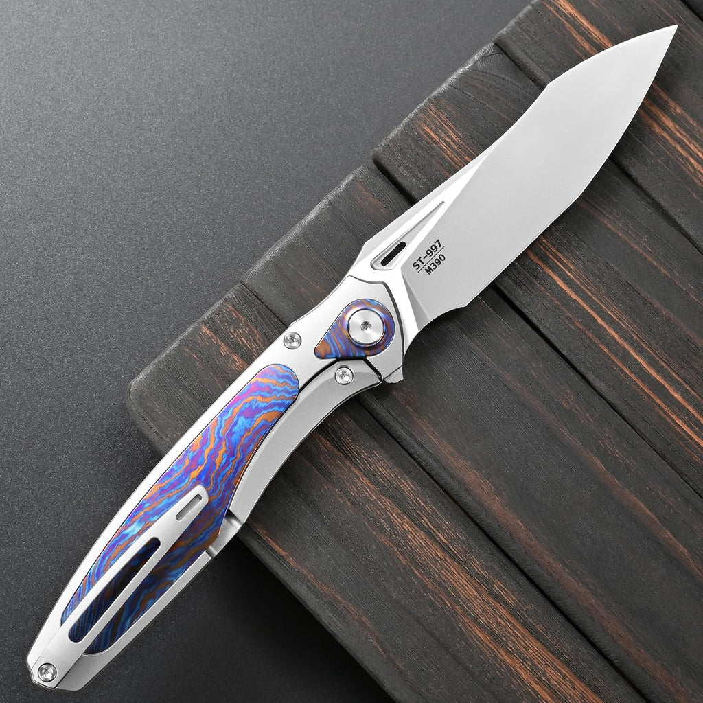 Sitivien ST997 Folding Knife,Handmade M390 Pearlescent Brushed Steel Blade,Titanium Carbon Fiber Handle EDC Knife for Outdoor Camping Hiking Survival Travel (Timascus)