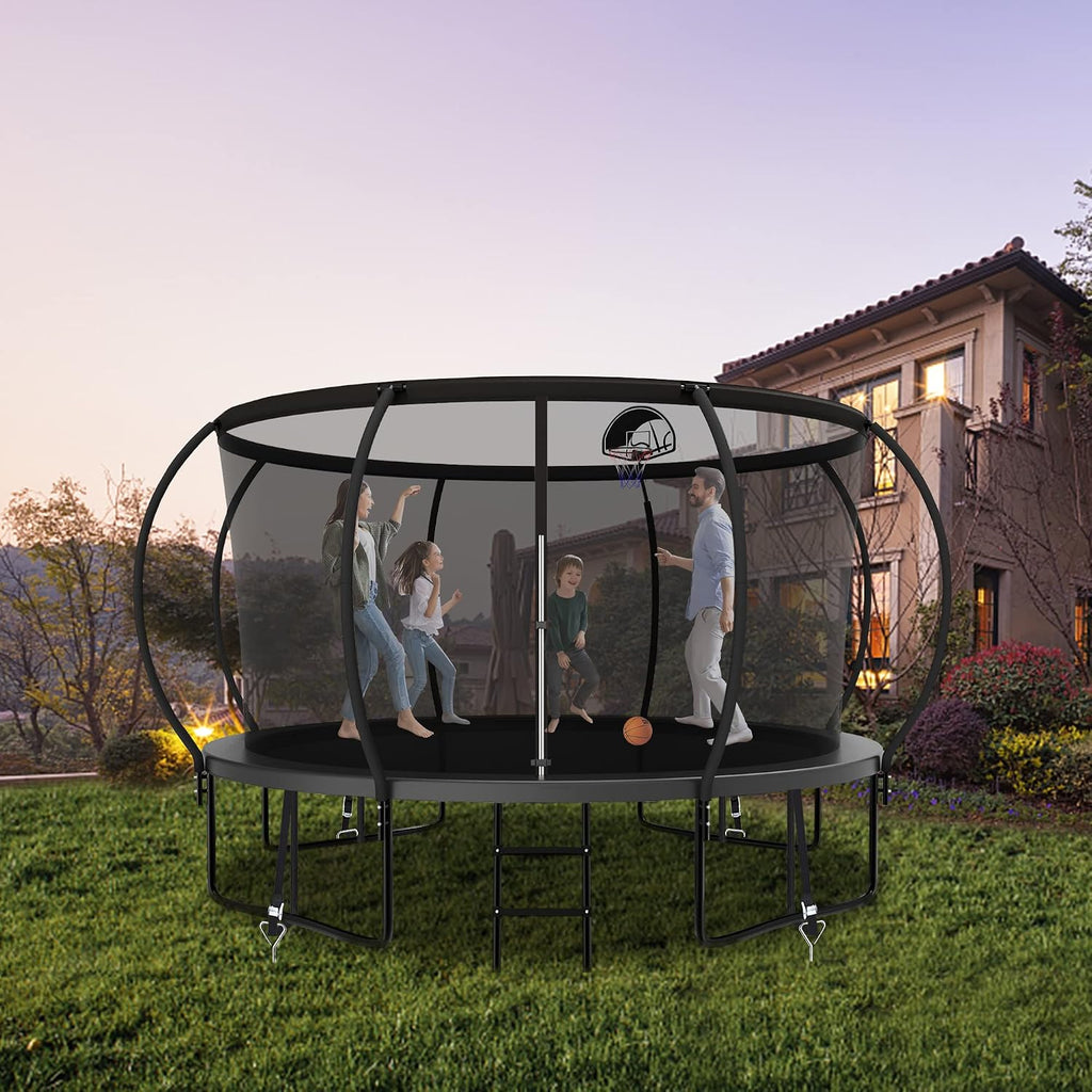 1500LBS Capacity No-Gap Design 8 10 12 14 15 16 FT Recreational Jumper with Enclosure Net, Wind Stakes & Basketball Hoop, ASTM Approved, Perfect for Kids & Adults Family Outdoor Backyard Fun