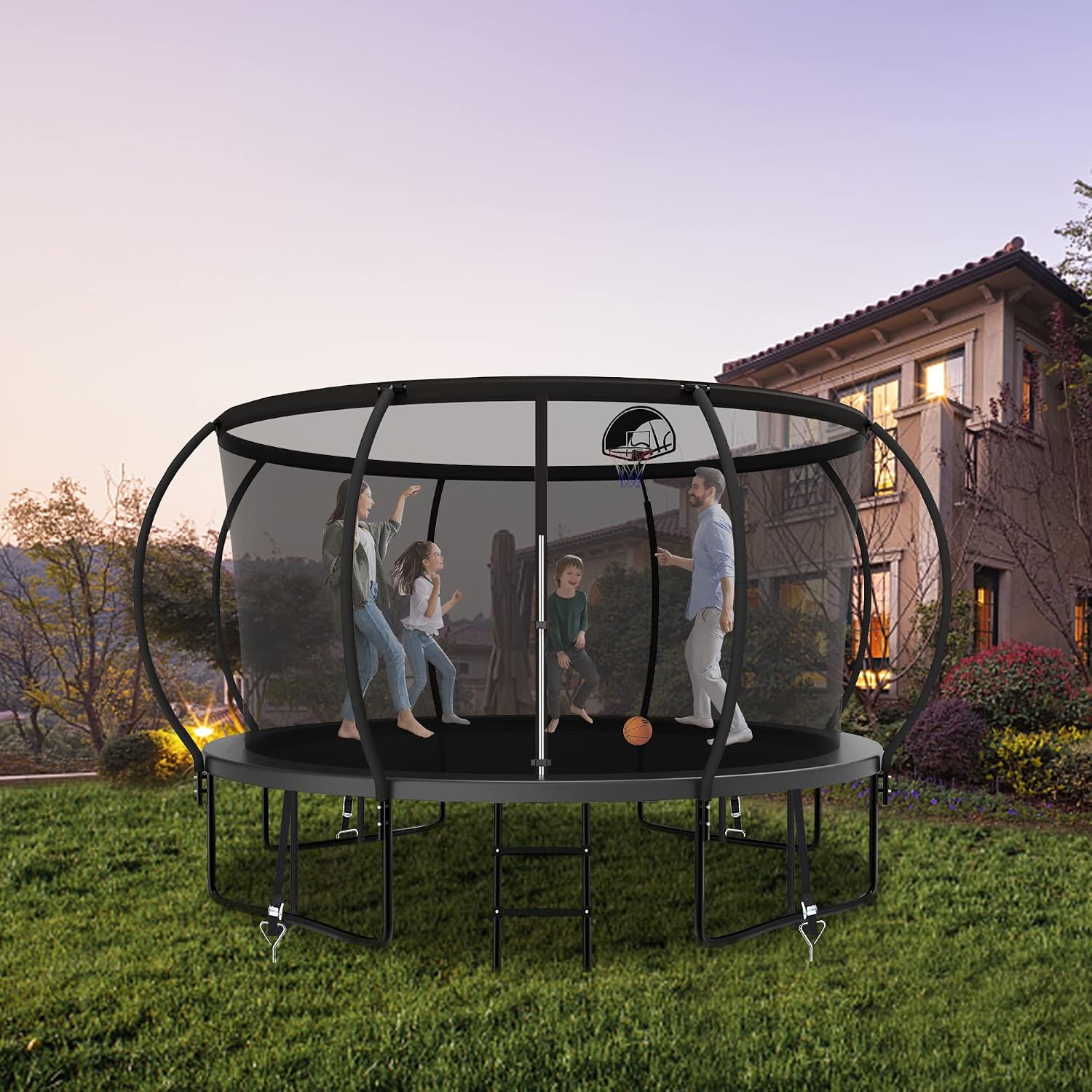 1500LBS Capacity No-Gap Design 8 10 12 14 15 16 FT Recreational Jumper with Enclosure Net, Wind Stakes & Basketball Hoop, ASTM Approved, Perfect for Kids & Adults Family Outdoor Backyard Fun