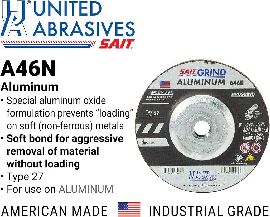 United Abrasives-SAIT 20162 A46N Aluminum Grinding Wheel (Type 27/Depressed Center) 4 1/2' x 1/4' x 5/8-11', 10-Pack