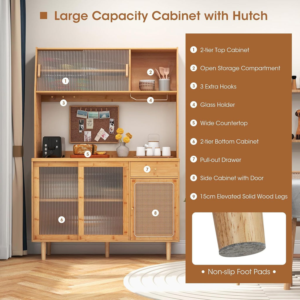 Giantex Pantry Cabinet, 69' Bamboo Hutch Cabinet with Storage, Drawer, Microwave Countertop, Glass Holder, Freestanding Buffet Sideboard with Rattan Door, Tall Cupboard for Kitchen Coffee Bar