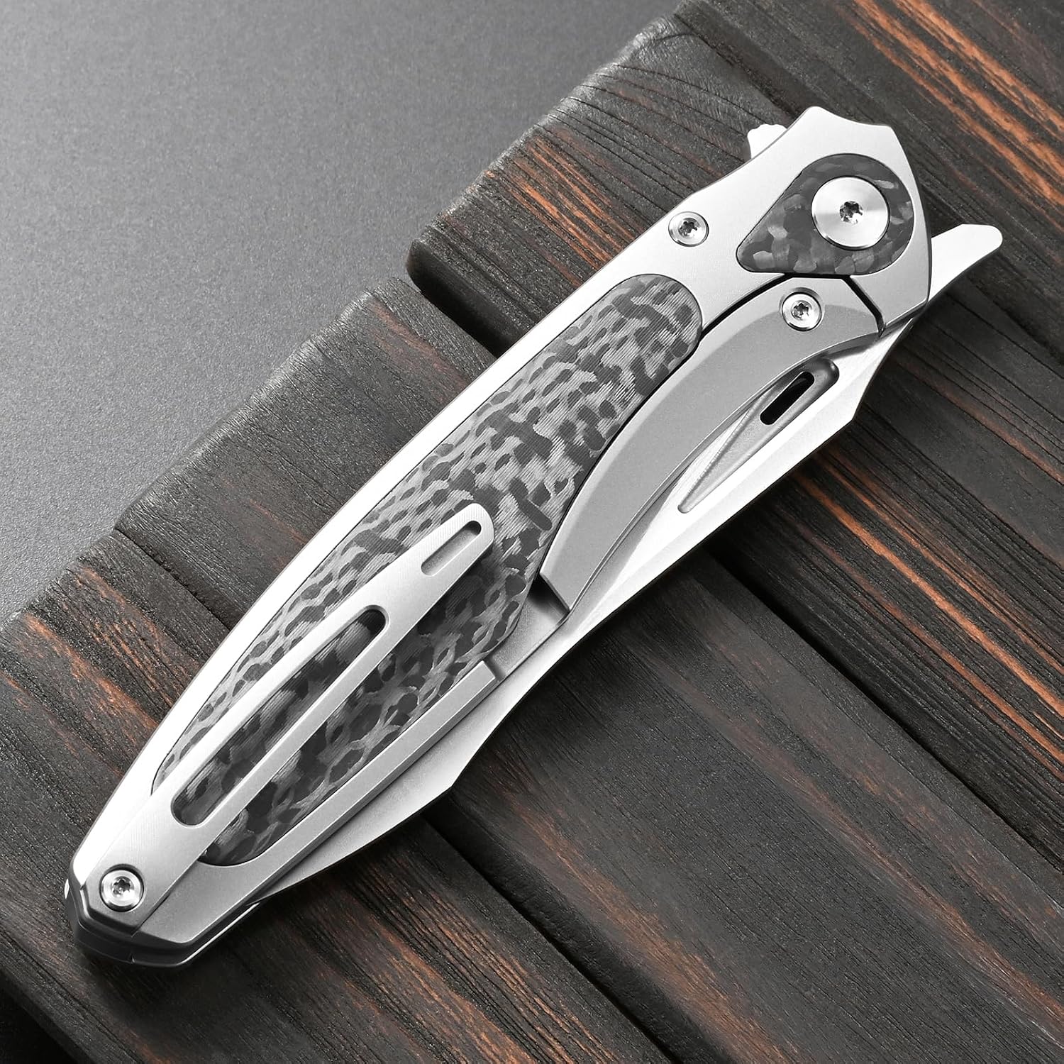 Sitivien ST997 Folding Knife,Handmade M390 Pearlescent Brushed Steel Blade,Titanium Carbon Fiber Handle EDC Knife for Outdoor Camping Hiking Survival Travel(Gray)
