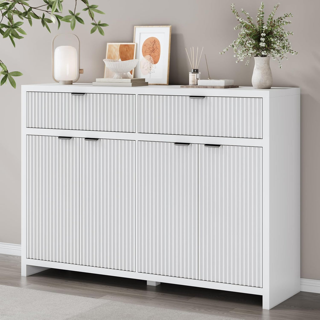 55' W Sideboard Buffet Cabinet with Storage, White Fluted Cabinet with 2 Drawers & 4 Doors, Wood Kitchen Cabinet with Adjustable Shelves for Living Room,Kitchen and Dining Room - White