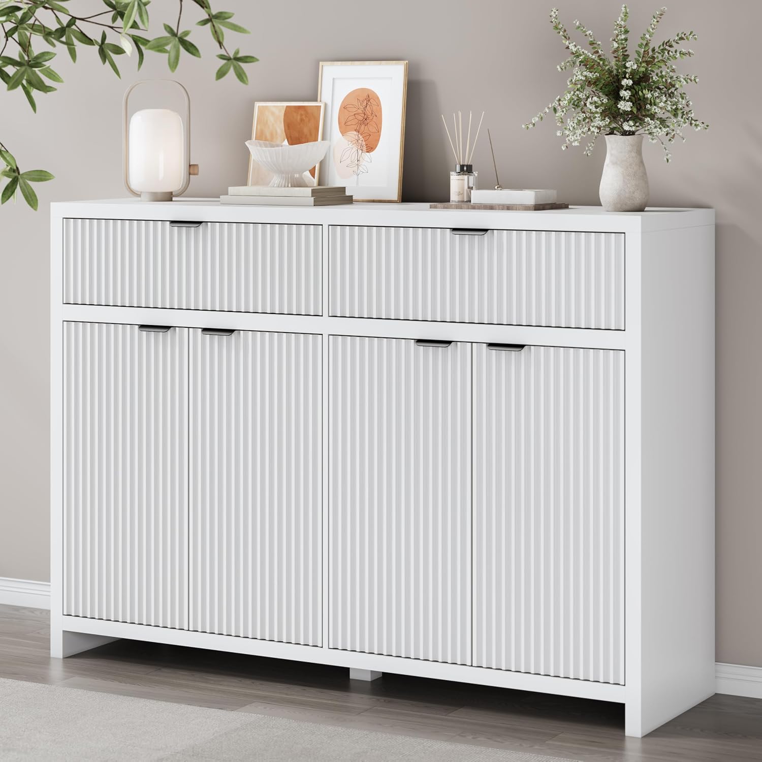 55' W Sideboard Buffet Cabinet with Storage, White Fluted Cabinet with 2 Drawers & 4 Doors, Wood Kitchen Cabinet with Adjustable Shelves for Living Room,Kitchen and Dining Room - White