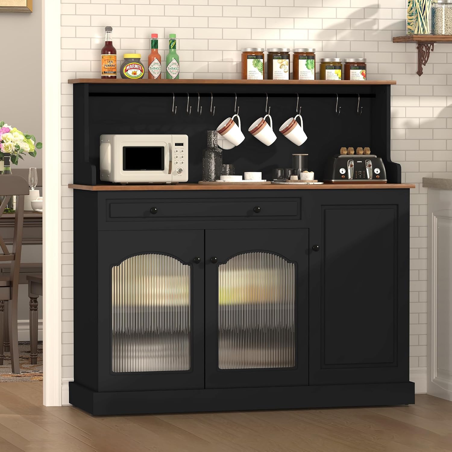 ARTPOWER Farmhosue Coffee Bar Cabinet with Hutch - 48' Modern Buffet Cabinet with Drawer Storage and Glass Doors,Wine Bar Table with Adjustable Shelves for Living Dining Room,Black