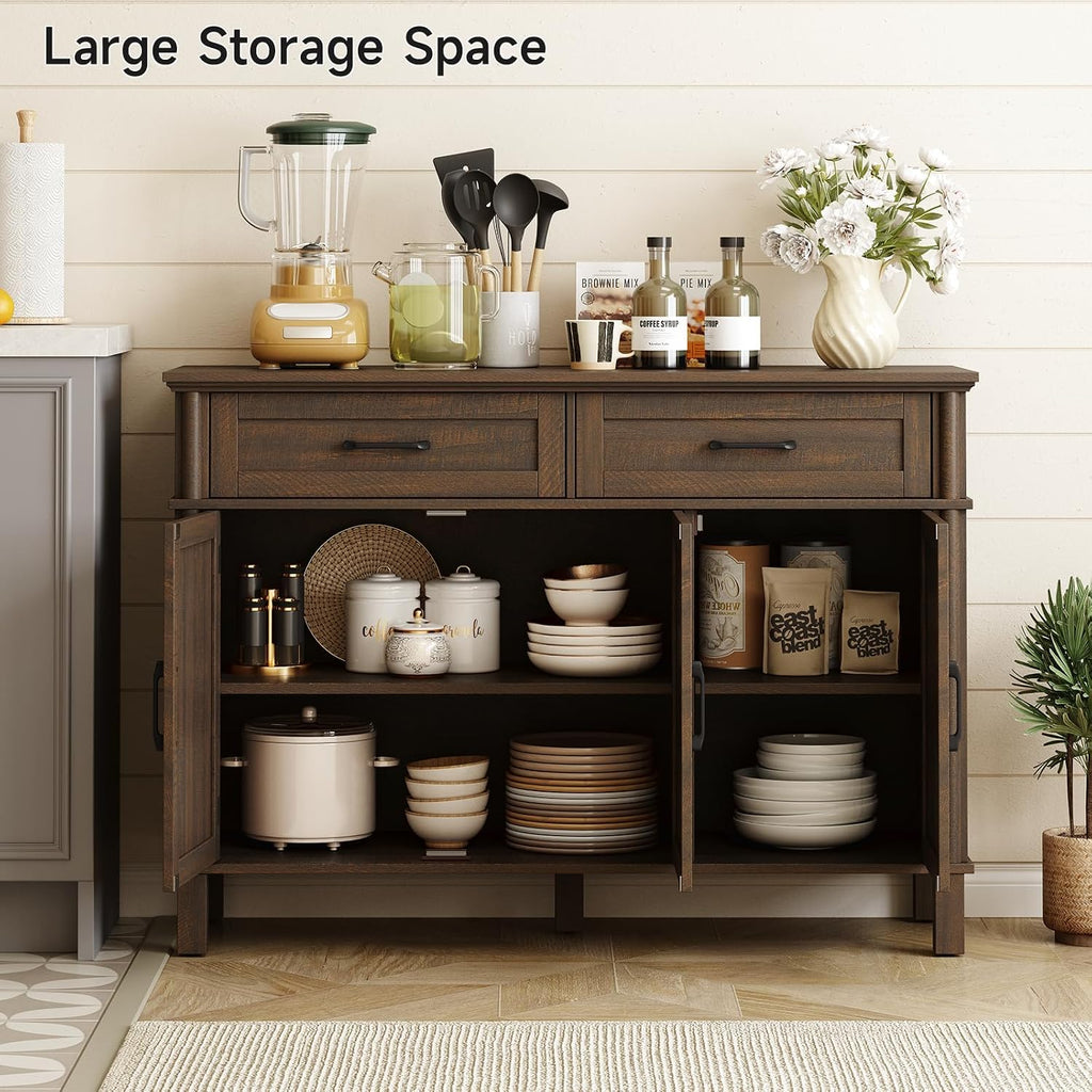 ONBRILL 48 Inch Buffet Cabinet with Storage, Farmhouse Sideboard Buffet w/2 Drawers and 3 Doors, Wood Coffee Bar Cabinet with Adjustable Shelves, Sideboard Storage for Kitchen, Living Room, Brown