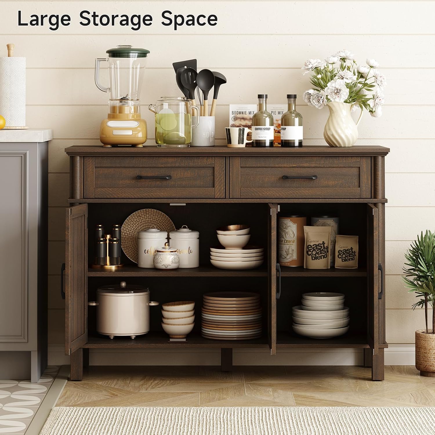 ONBRILL 48 Inch Buffet Cabinet with Storage, Farmhouse Sideboard Buffet w/2 Drawers and 3 Doors, Wood Coffee Bar Cabinet with Adjustable Shelves, Sideboard Storage for Kitchen, Living Room, Brown