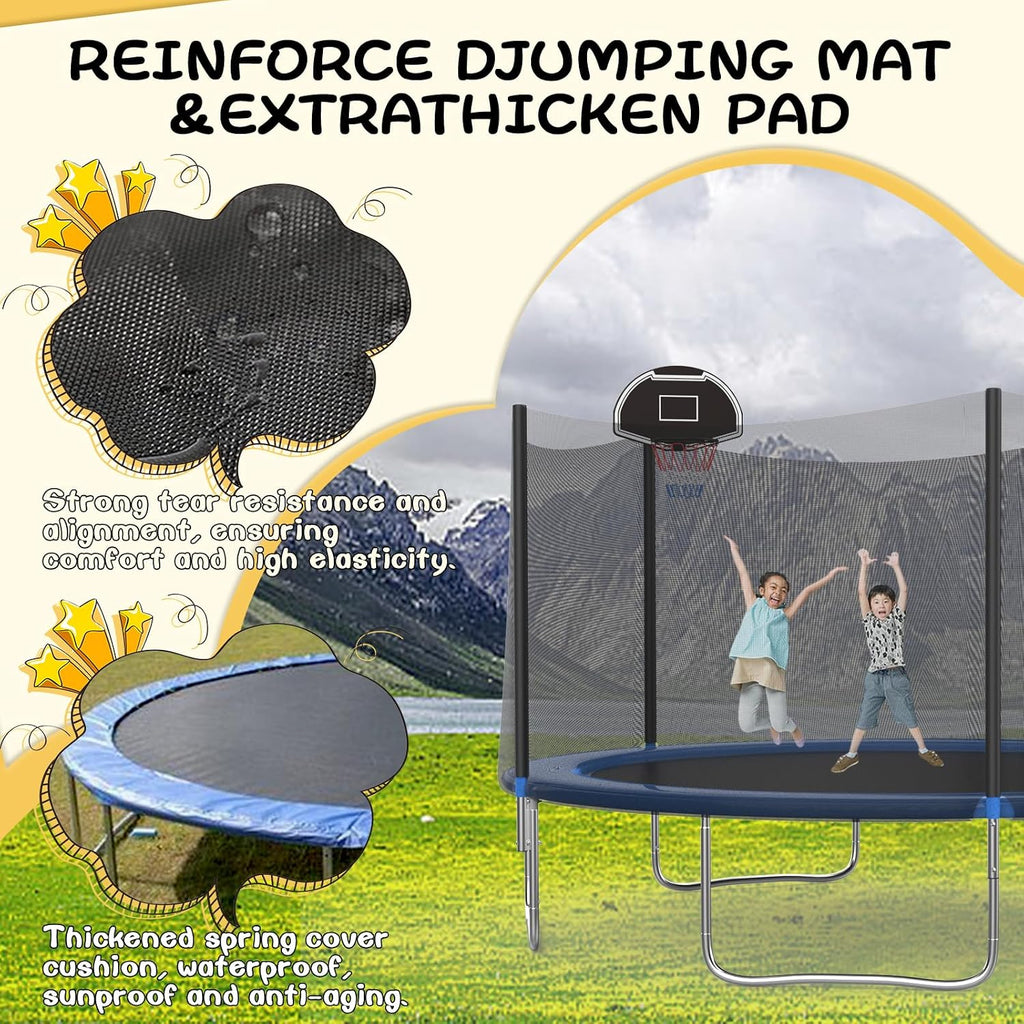 14FT Tranpoline for Kids with Safety Enclosure Net Recreational Round Tranpoline with Basketball Hoop ASTM Approval Backyard Outdoor Tranpoline with Spring Pad Cover & Ladder