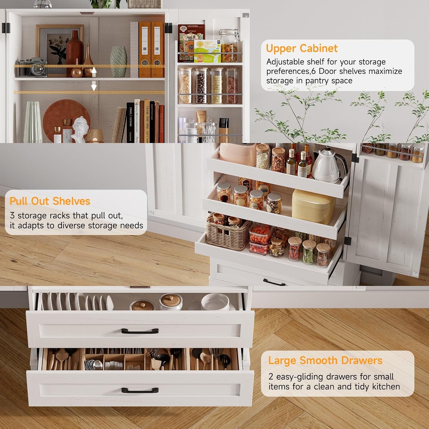ONBRILL 71' Tall Farmhouse Kitchen Pantry Cabinet with 3 Pull Out Shelves & 2 Large Drawers, Pantry Storage Cabinet with 6 Door Shelf & Adjustable Shelf, Freestanding Cupboard for Kitchen, Dining Room