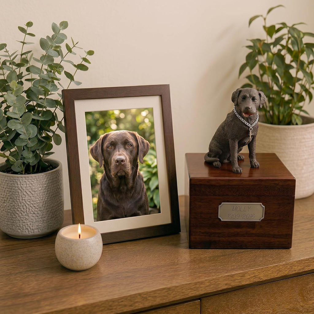 Wooden Dog Urn for Ashes with Chocolate Labrador Retriever Figurine | Personalized Pet Memorial Urn with Pewter Engraving | Lab Dog Memorial Gift with Silver Chain & Red Ball by Conversation