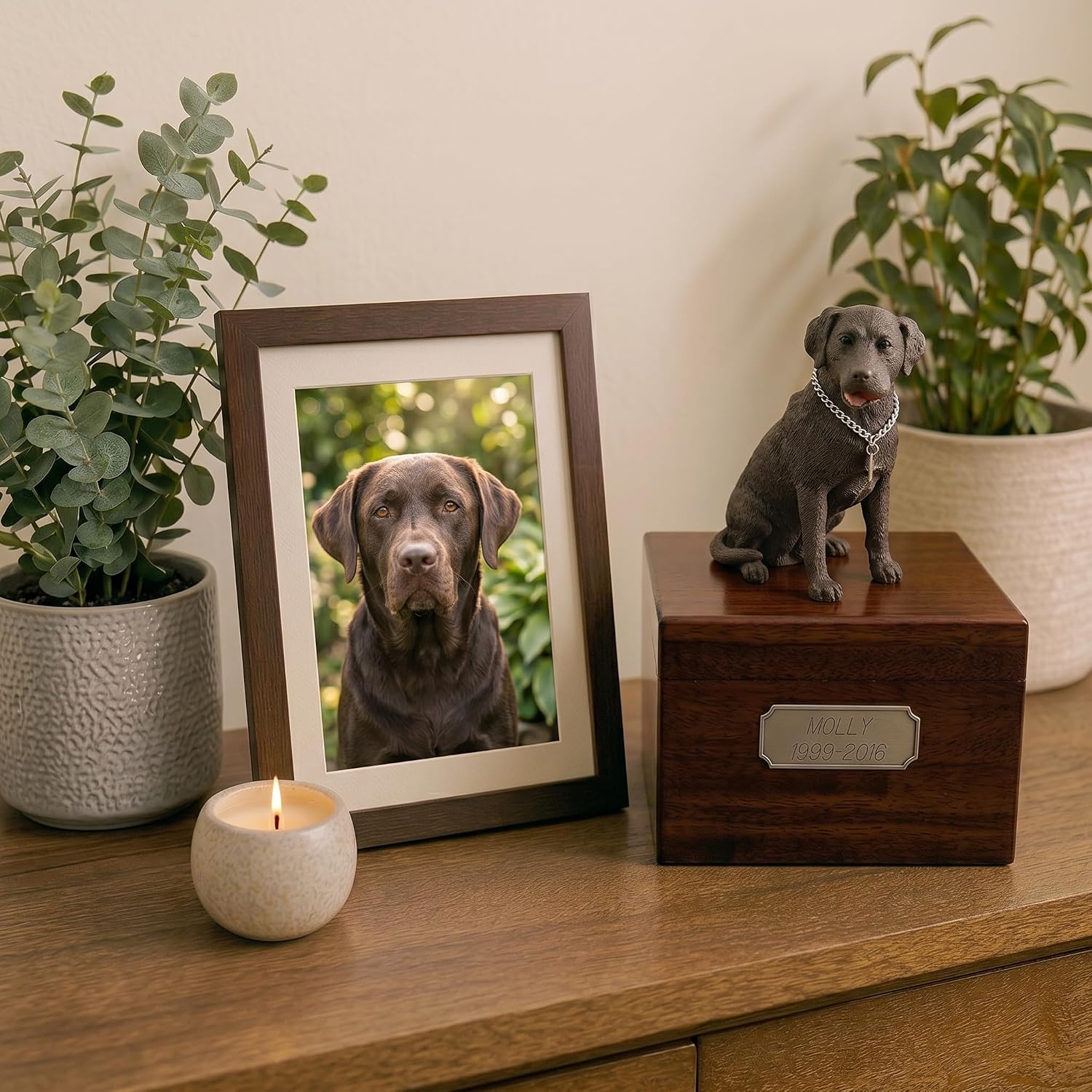 Wooden Dog Urn for Ashes with Chocolate Labrador Retriever Figurine | Personalized Pet Memorial Urn with Pewter Engraving | Lab Dog Memorial Gift with Silver Chain & Red Ball by Conversation