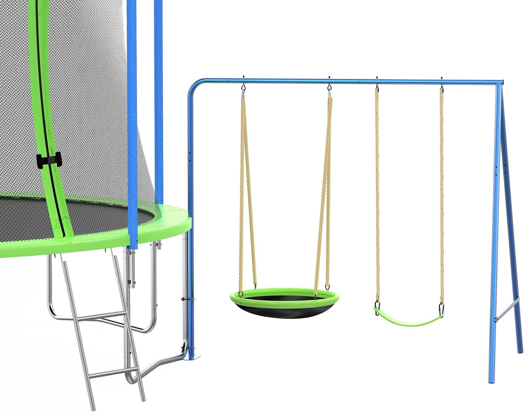 12FT Outdoor Trampoline with Slide and Swings,Recreational Trampoline with Basketball Hoop,Safety Enclosure Net and Ladder for Kids, Teens, ASTM Approved,Green
