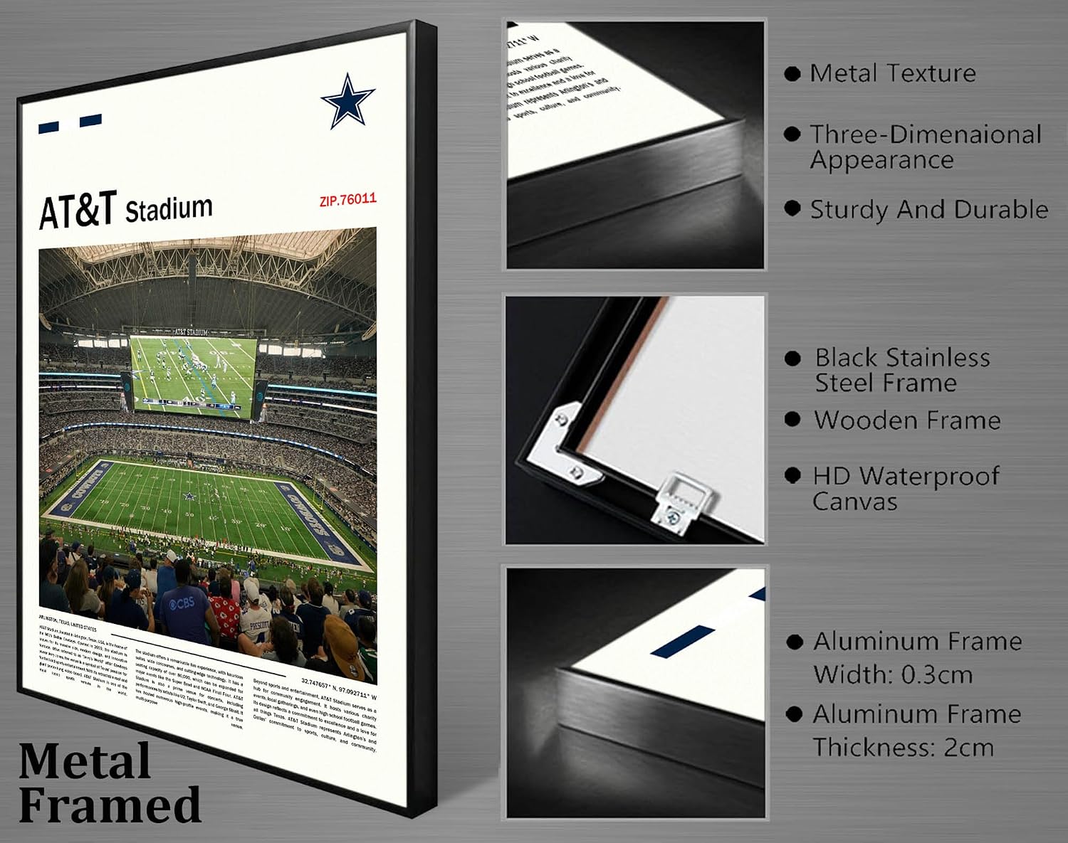 (Metal Frame 24'x36') AT&TStadium Canvas Print – Dallas Home Field Wall Art for Cowboys Fans, Sports poster for Game Room or Man Cave Decor