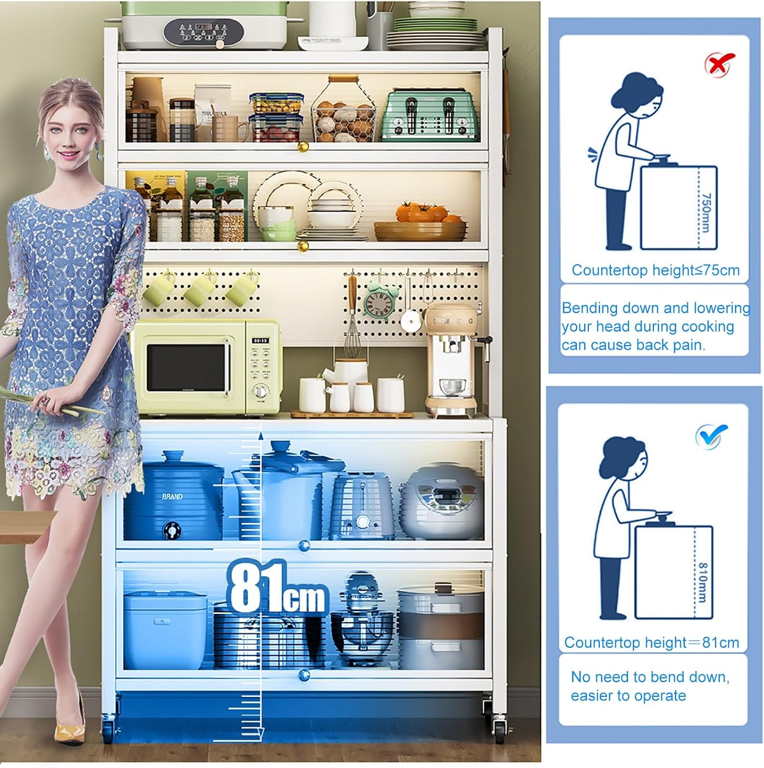 White Baker's Rack with Storage Drawer - Microwave Stand & Cabinet, Metal Shelves for Kitchen, Garage, Pantry, Spices, Flip Door & Pegboard Accessories, Space-Saving Organizer