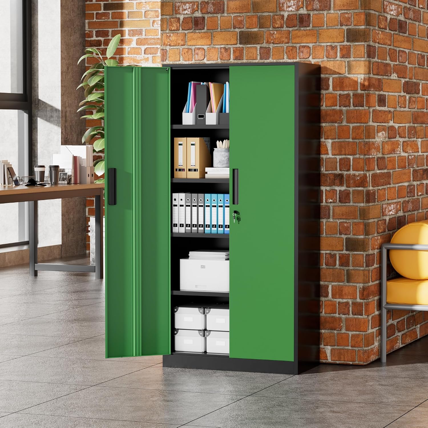 Greenvelly Metal Garage Storage Cabinet, 72' Black Green Tool Steel Locking Cabinet with Doors and 4 Shelves, Tall Cabinets for Garage Storage Systems Lockable File Cabinet for Home Office,Garage