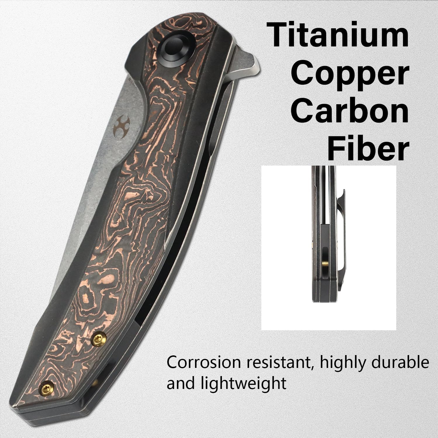 KANSEPT Accipiter Pocket Folding Knives EDC Camping Folding Knife 3.36'' Stonewashed CPM S35VN Blade with Titanium+Copper Carbon Fiber Handle Everyday Carry K1007E2
