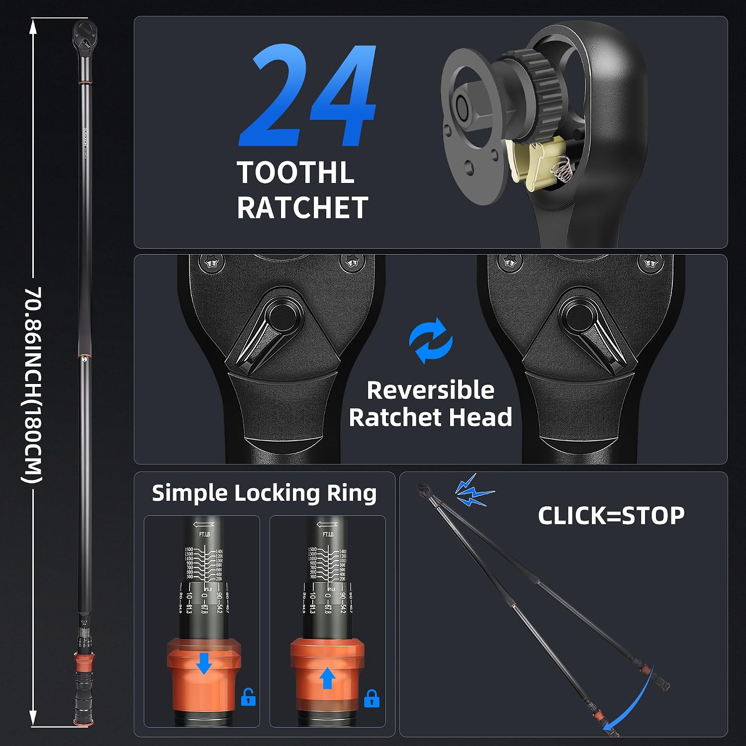 Torque Wrench 1' Dual Range Scales 200-1500ft.lb/271.0-2032.5Nm, ±3% Precision, 24 tooth Dual-direction Torque Wrenchs for Wind Tturbines Dockyards car truck repair