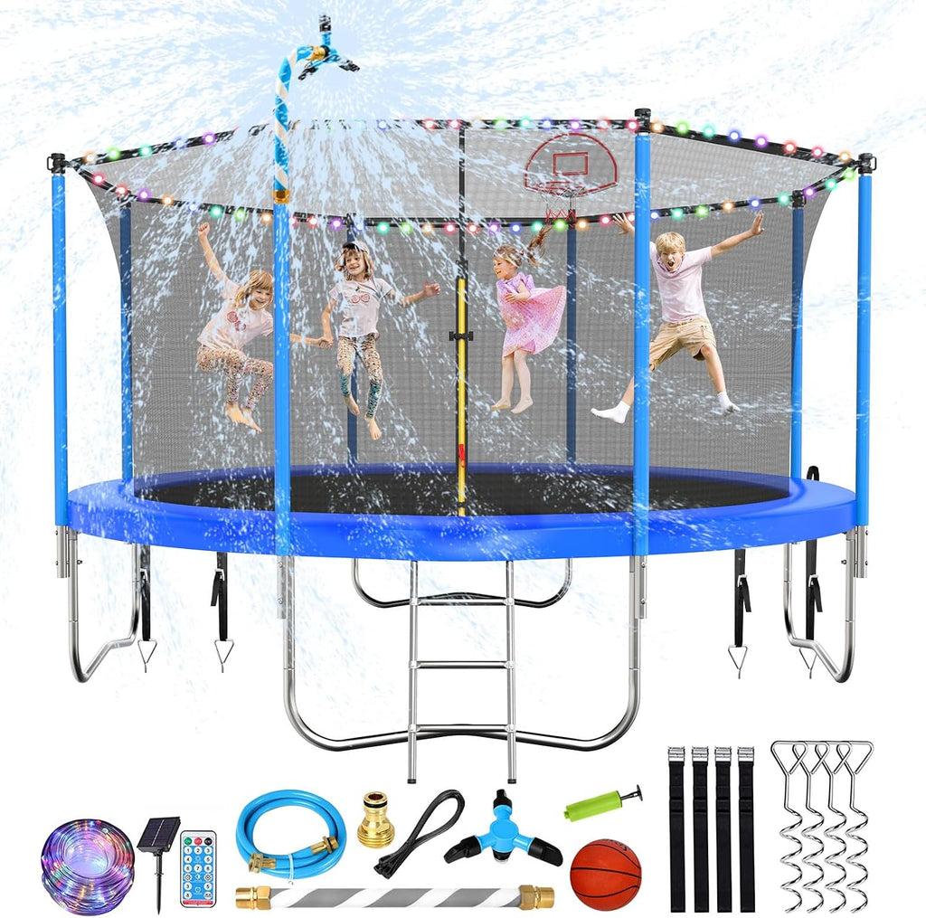 Lyromix Upgraded Trampoline with Lights, Large Outdoor Trampoline with Sprinkler,Basketball Hoop and Net, Capacity for 5-8 Kids and Adults