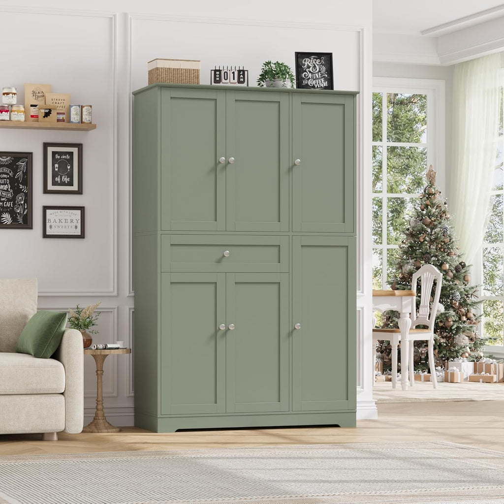 HOSTACK 68' Tall Kitchen Pantry Storage Cabinet, Modern Kitchen Hutch Cabinet with Doors and Shelves, Freestanding Food Pantry with Large Storage Drawer for Dining Room, Living Room, Green