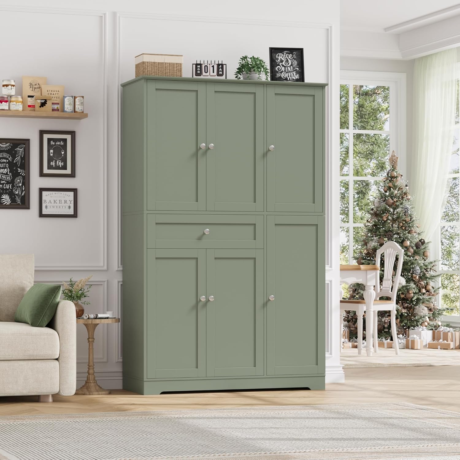 HOSTACK 68' Tall Kitchen Pantry Storage Cabinet, Modern Kitchen Hutch Cabinet with Doors and Shelves, Freestanding Food Pantry with Large Storage Drawer for Dining Room, Living Room, Green