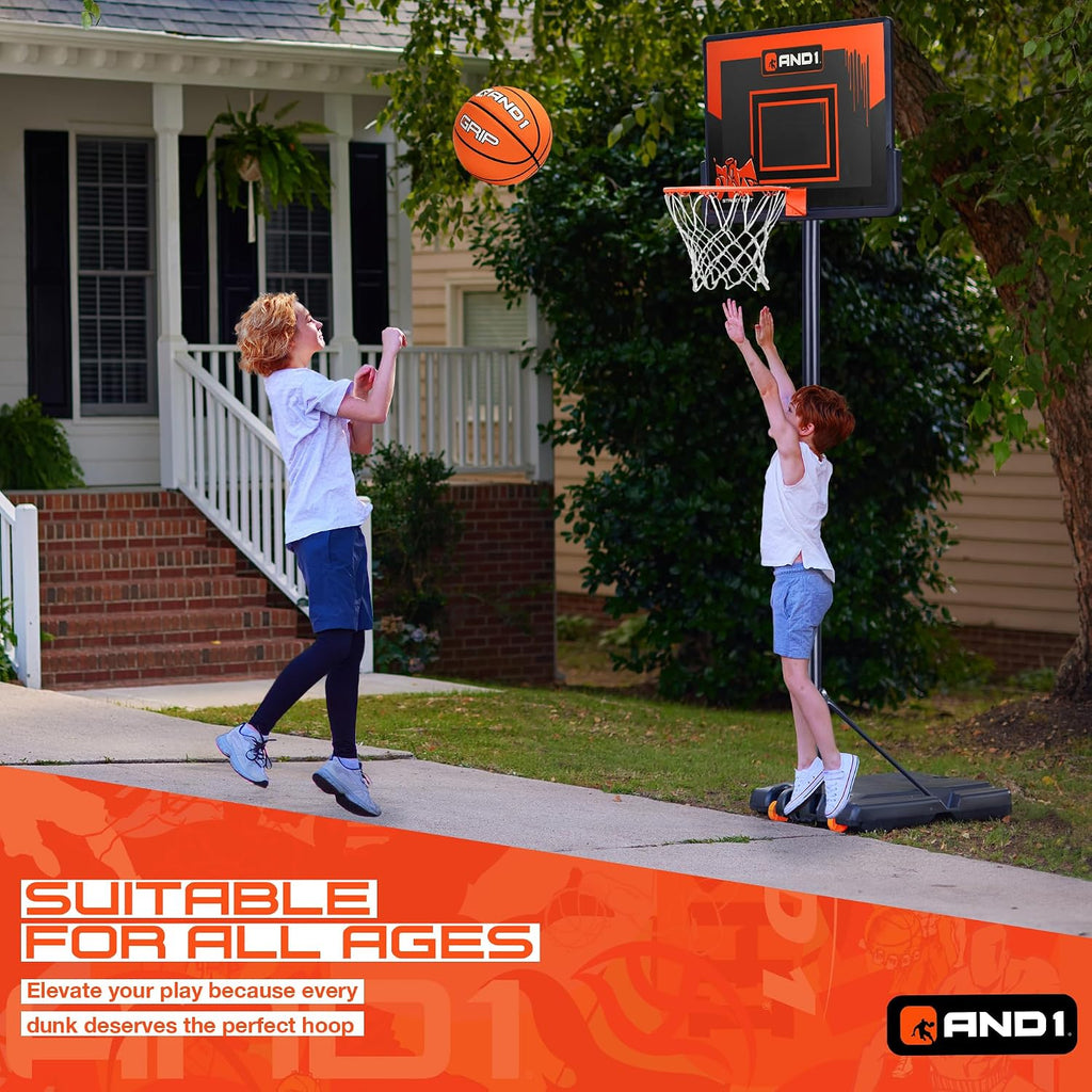 AND1 32' Basketball Hoop & Basketball Bundle - Adjustable Portable Outdoor Basketball Hoop & Regulation Size Basketball, 5-7 Ft Adjustable Height