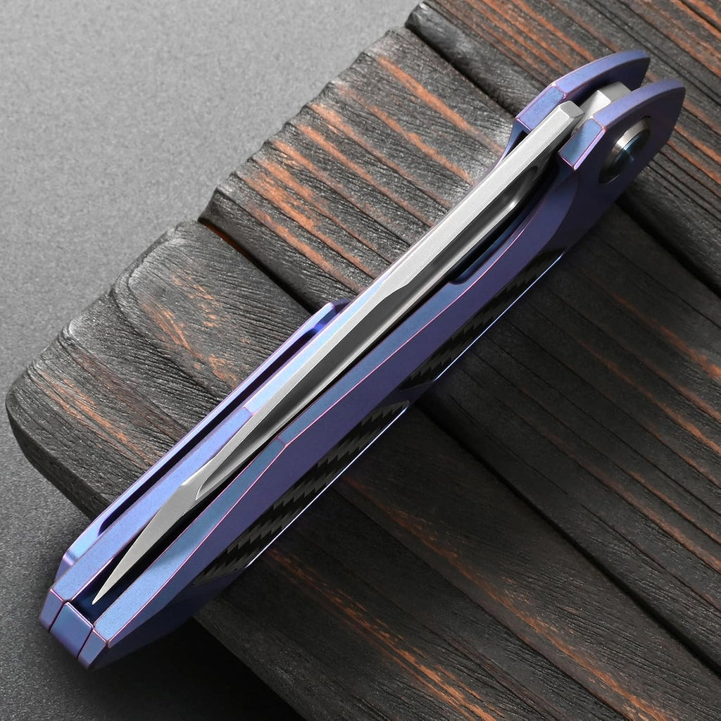 Sitivien ST996 Folding Knife,Handmade M390 Pearlescent Polishing Blade,Titanium & Carbon Fiber Handle Pocket Knife for Outdoor Camping,Hiking,Hunting(Blue)