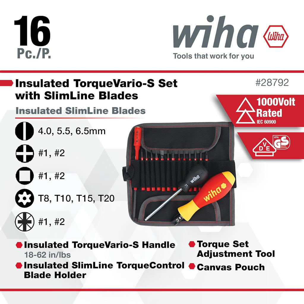 Wiha 28792 Insulated Torque Control Driver & SlimLine Blade Set, 16 Piece, 18–62 in-lb, Slotted, Phillips, Torx & Square, 1000V VDE