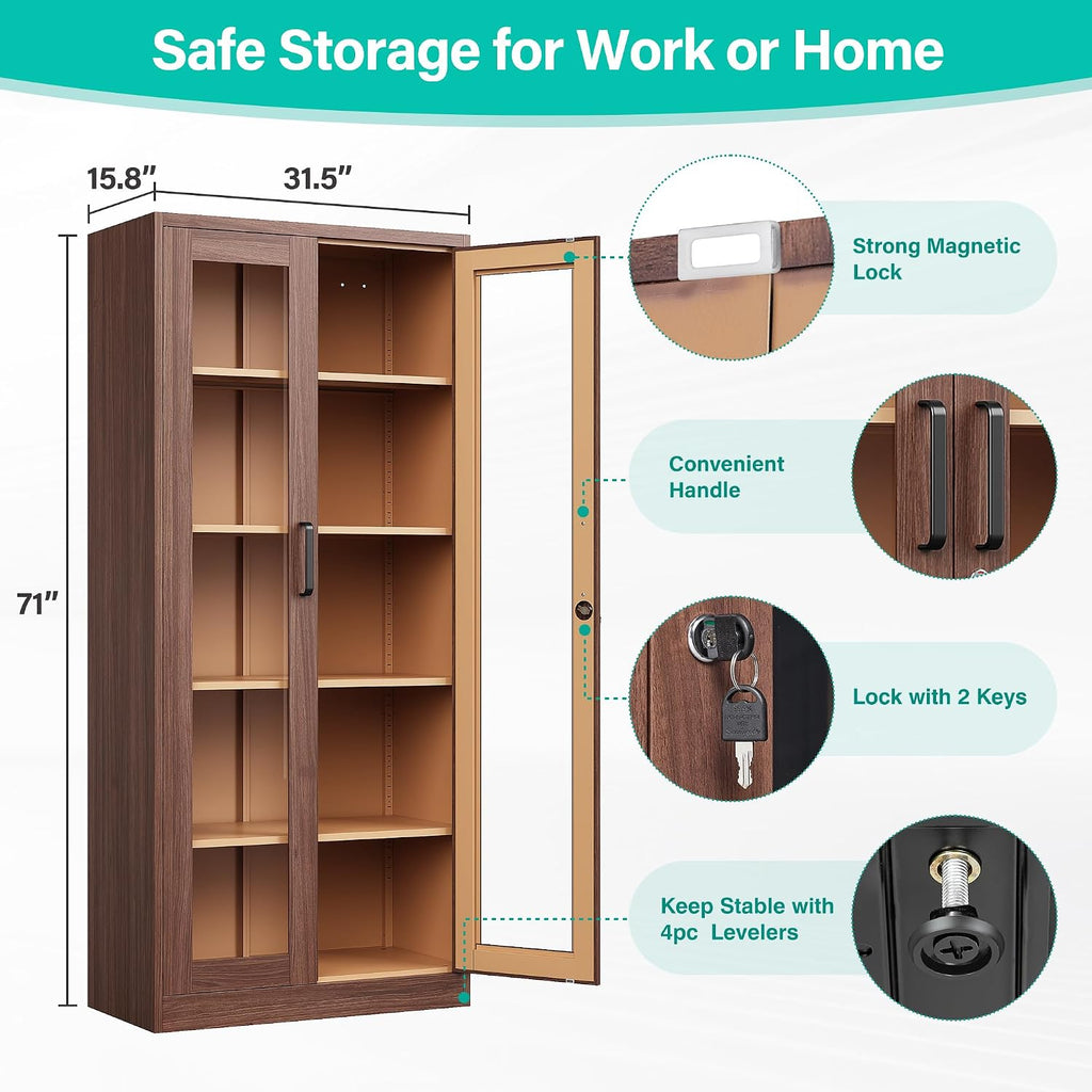 Metal Storage Cabinet with Lock and Glass Doors,Glass Display Cabinet,Tall Storage Cabinets,Locking Curio Cabinets with 5 Shelves for Collectibles,Home,Office,Living Room