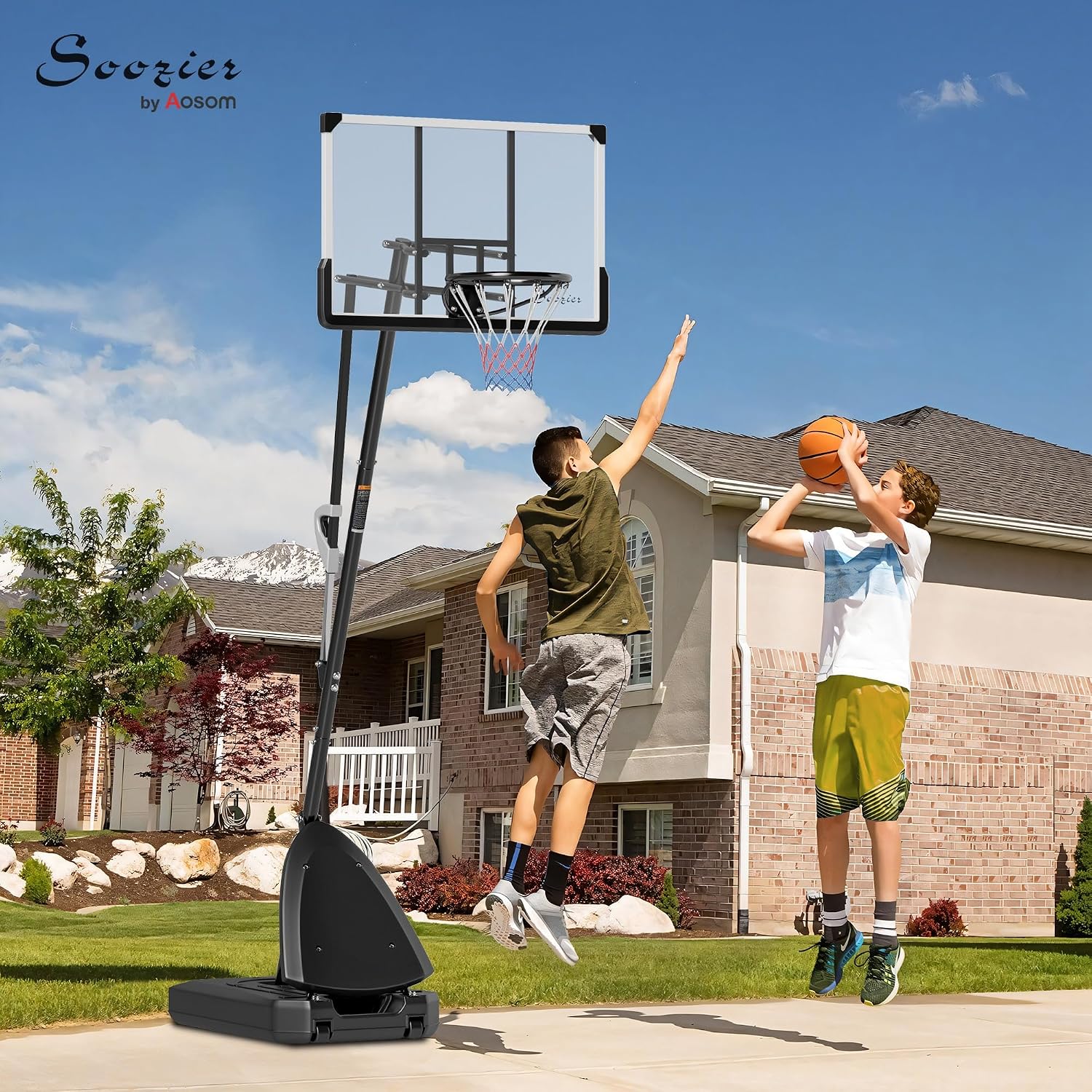 Soozier Portable Basketball Hoop Outdoor, 4.9-10ft Height Adjustable Basketball Goal with 44 Inch Shatterproof Backboard, Rebound System, 2 Wheels and Fillable Base for Teenagers, Youth, Adults