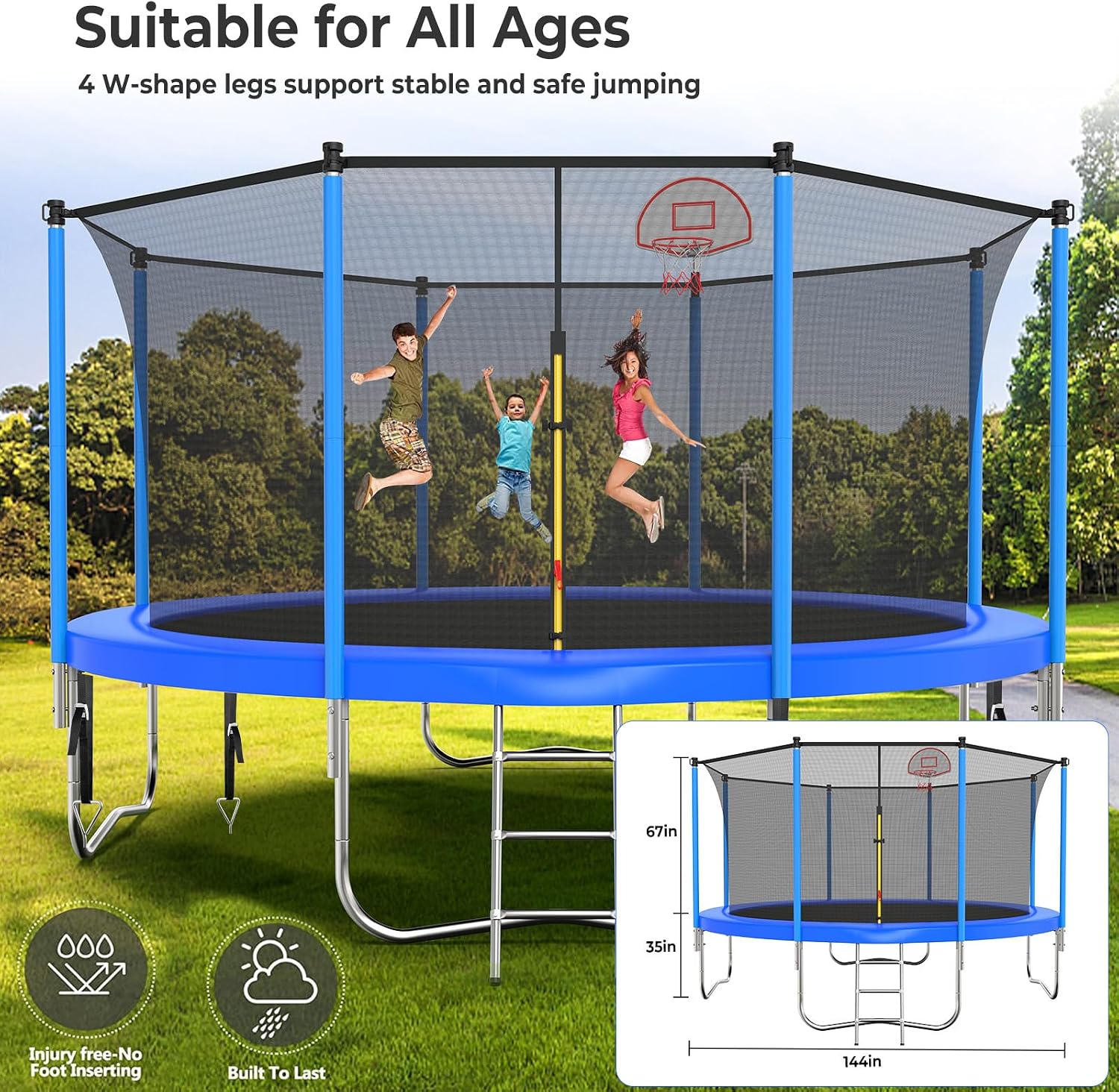 Lyromix Upgraded 16FT 15FT 14FT 12FT 10FT 8FT Trampoline Outdoor with Basketball Hoop and Net, Capacity for 4-6 Kids and Adults