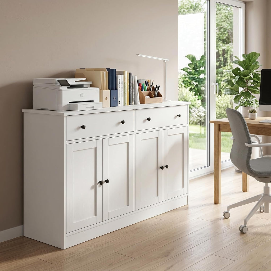 holzart 49' White Buffet Cabinet with Doors & Drawers, Modern Kitchen Storage Sideboard, Coffee Bar Console Table for Dining Room, Living Room, Entryway