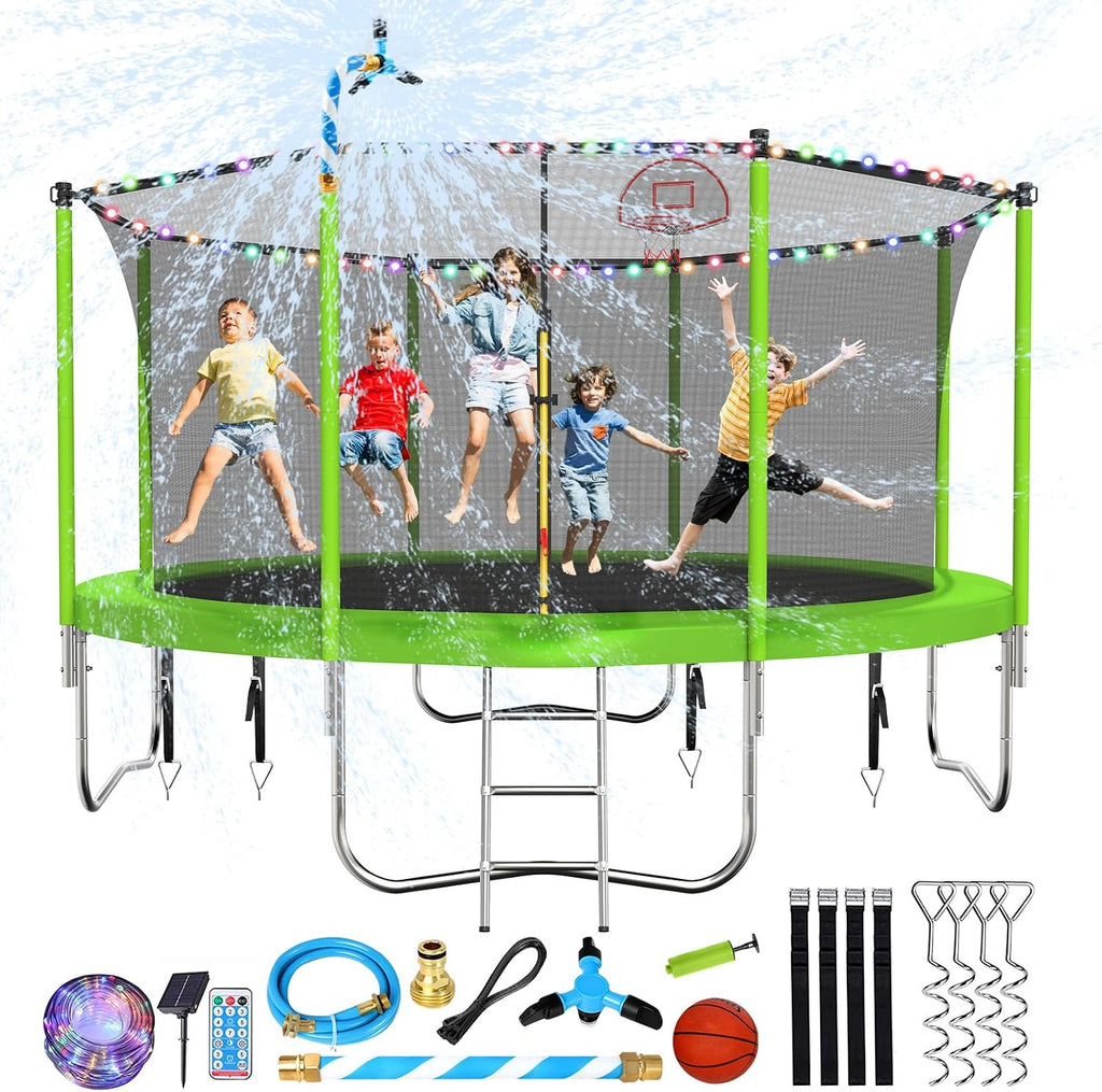 Lyromix Upgraded Trampoline with Lights, Large Outdoor Trampoline with Sprinkler,Basketball Hoop and Net, Capacity for 5-8 Kids and Adults